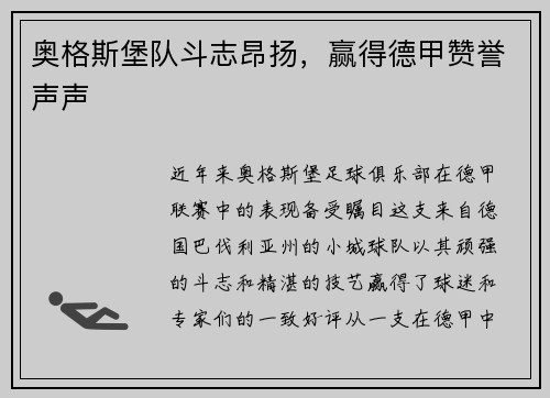 奥格斯堡队斗志昂扬，赢得德甲赞誉声声